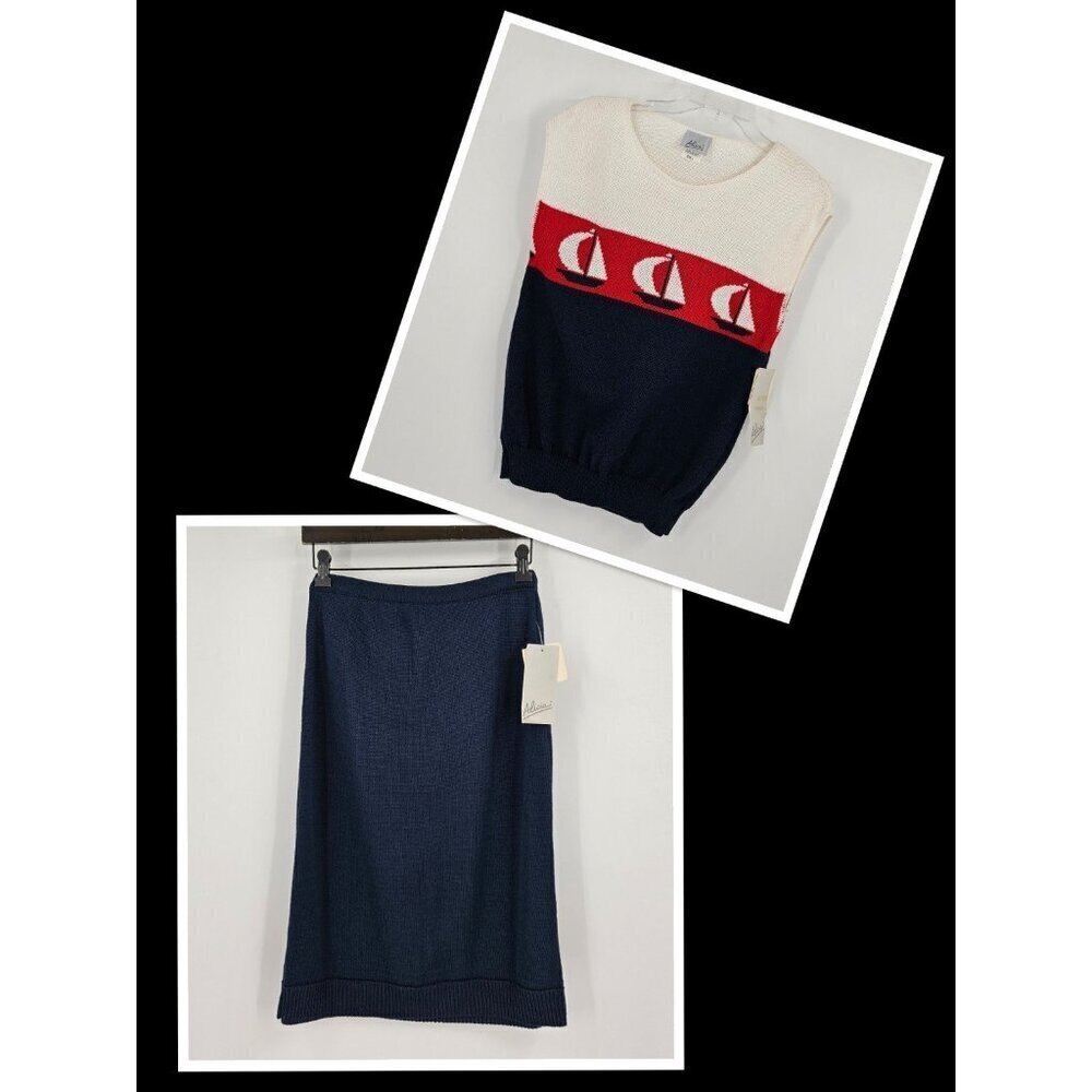 New Alicia VTG Womens Sz S/M 2-Piece Nautical Sailboat Sweater Skirt Outfit